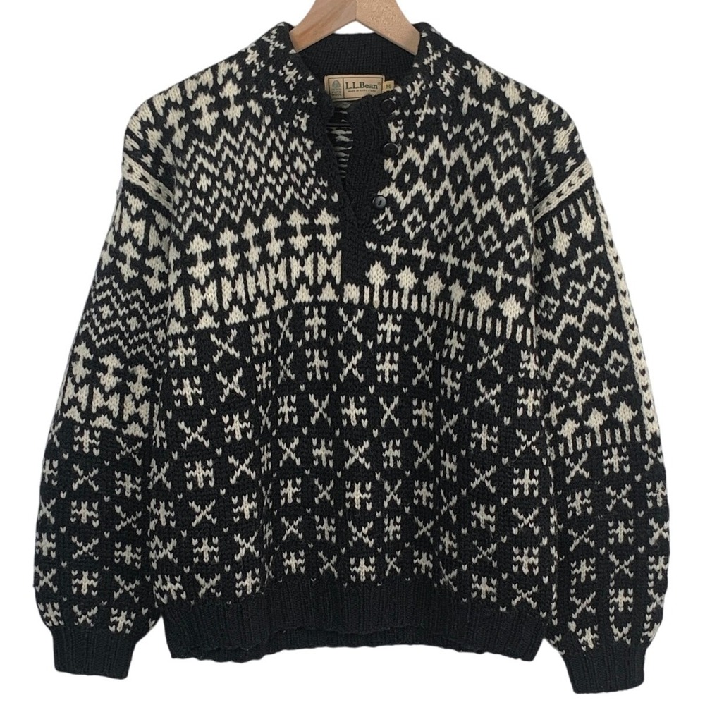 VTG L.L. BEAN 100% Wool Fair Isle Henley Sweater Women's M Black Nordic 90s